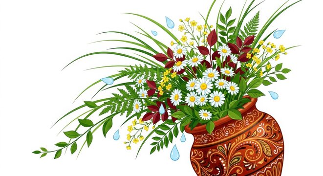 Illustrative graphic still life of ornate terracotta clay pot filled with white daisy flowers, yellow blossoms, red leaves, green foliage and water droplets on stark white background
