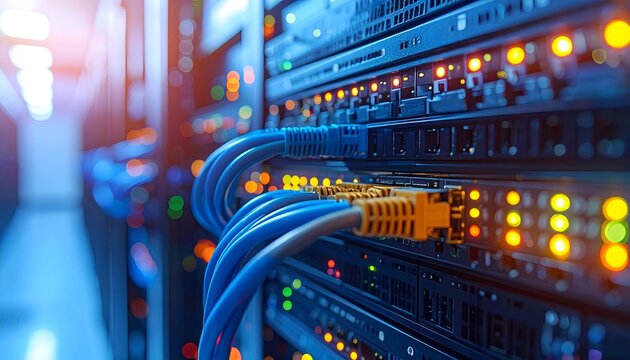 Cables de red conectados a servidor en centro de datos con luces LED y tecnolog&iacute;a inform&aacute;tica