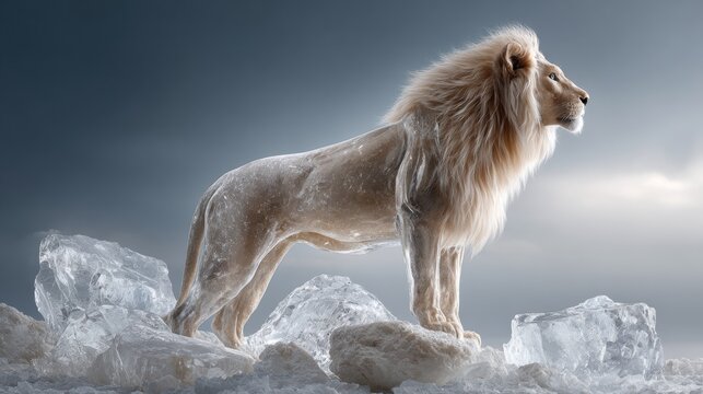 White lion standing on icy rocks in dramatic studio light with frosted fur and cold mist