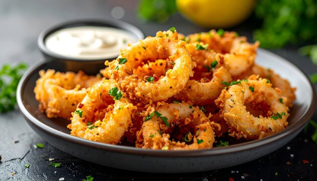 Aros de cebolla crujientes con salsa cremosa en plato negro y presentaci&oacute;n apetecible