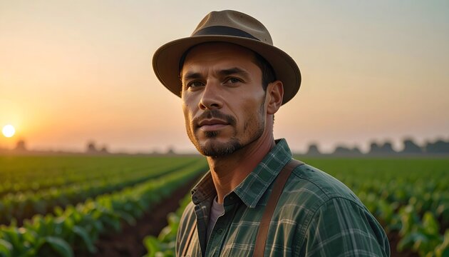 Agricultor en campo de cultivo al atardecer con paisaje rural y luz c&aacute;lida natural