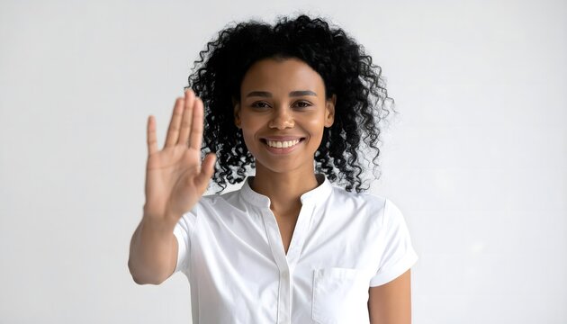 Mujer sonriente saludando con la mano sobre fondo claro en retrato de estudio con gesto amable