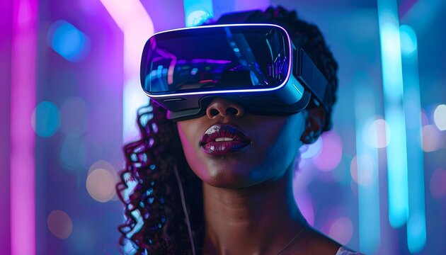 Mujer con gafas de realidad virtual en iluminaci&oacute;n ne&oacute;n con est&eacute;tica futurista y ambiente tecnol&oacute;gico
