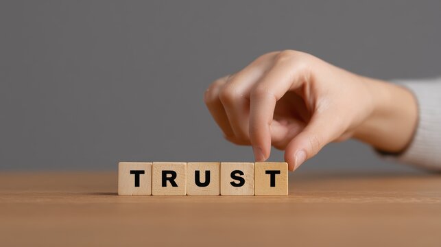 Building Trust: Close-up shot of a hand arranging wooden blocks to spell the word TRUST, symbolizing the act of building and fostering confidence. A visual representation of integrity and reliability.
