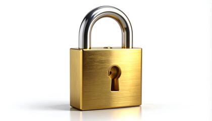 Naklejka premium A gleaming gold padlock rests on a white surface, symbolizing security, protection, and the concept of locking something away.