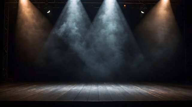 Escenario vac&iacute;o con focos teatrales y humo en ambiente dram&aacute;tico de espect&aacute;culo