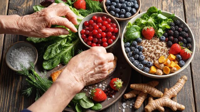 Hands preparing healthy salmon meal with fresh fruits and vegetables