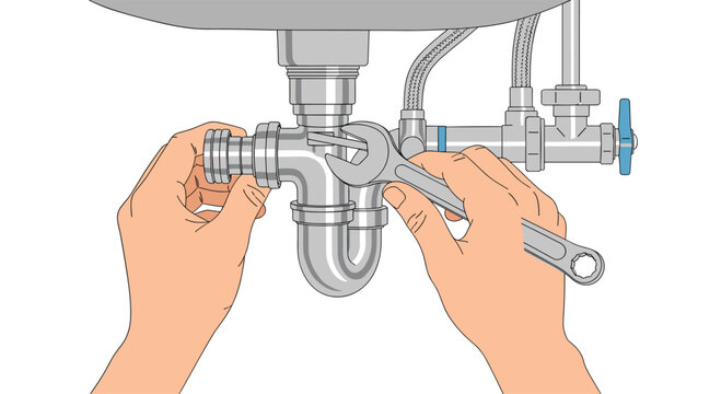 A meticulous close-up view of two hands using a silver adjustable wrench to tighten a shiny chrome-plated U-bend pipe underneath a white porcelain sink.
