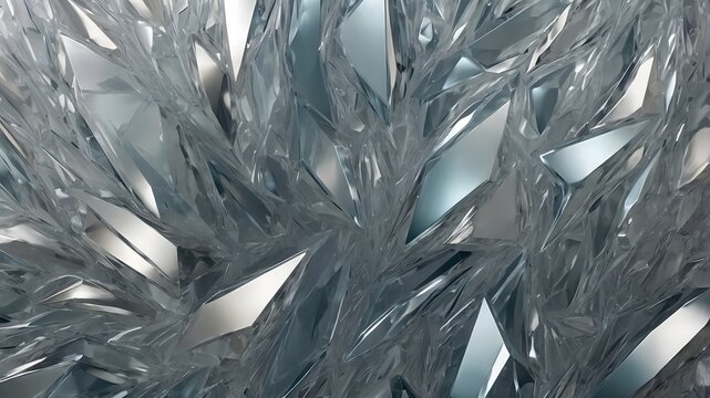 Estructura abstracta de cristales met&aacute;licos en tonos plateados con formas angulares y textura futurista