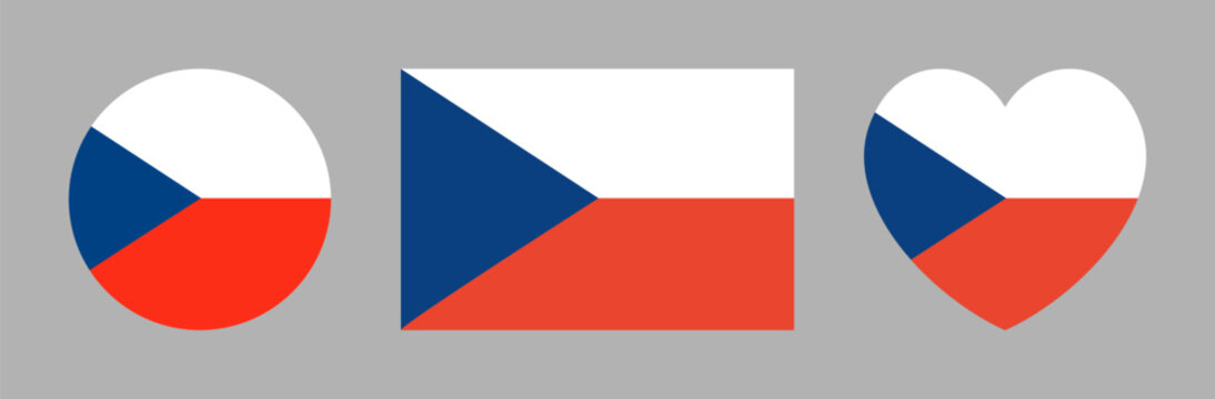Flag of Czech Republic rectangle, heart, circle icon, sticker. National Czech Republic flag heart shaped, round, rectangular button, badge set. Czech flag banner, background.
