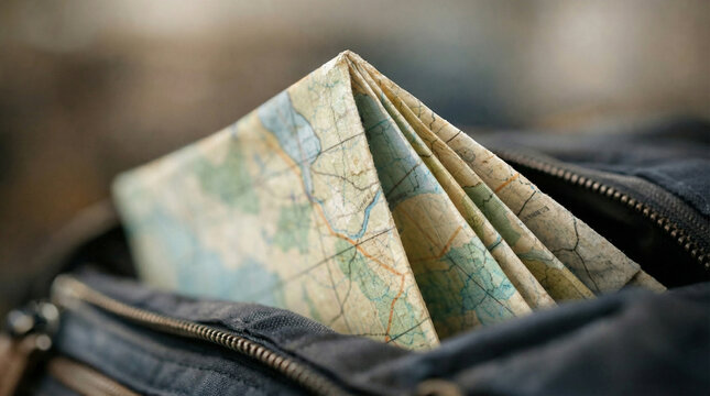 Folded paper map tucked inside backpack pocket, symbolizing travel planning, navigation, adventure preparation, exploration journey, and offline wayfinding in modern digital era lifestyle.