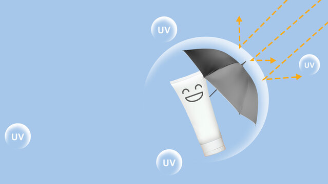 An illustration showing a sunscreen tube and umbrella inside a protective bubble, blocking harmful UV rays. Perfect for sun safety and skincare concept