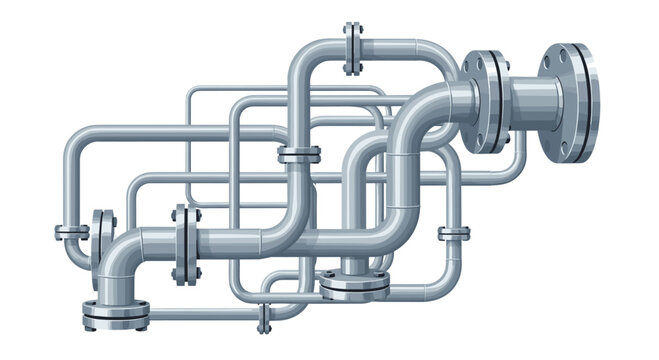 A dense network of overlapping silver metallic industrial pipes with circular flange connections creates a complex three-dimensional grid against a plain white background.