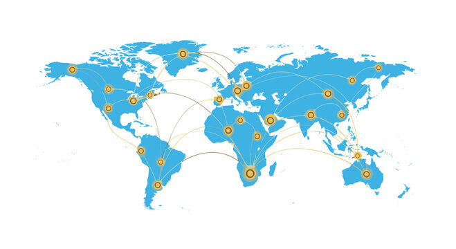 A flat blue world map displays numerous glowing orange circular nodes interconnected by thin arcing lines across a pristine white minimalist background.