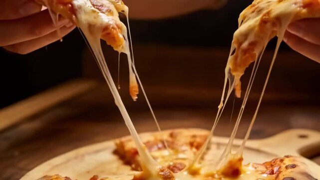 Gripping hands lifting two cheesy pizza slices apart on wooden board, stretching cheese to eat