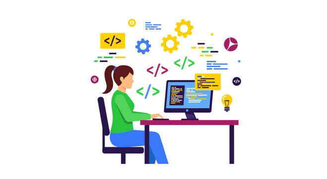 Woman sitting at desk coding on computer with programming symbols around her.
