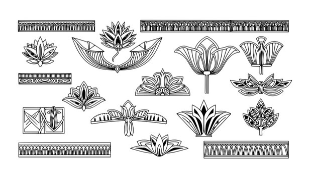 Egyptian Floral Motif Ornament Set with Ancient Decorative Lotus Patterns