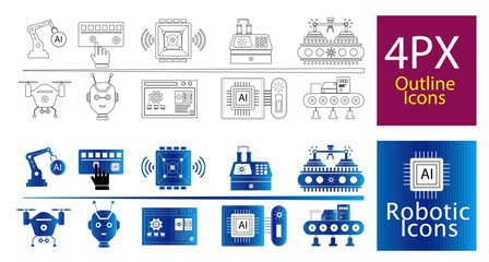 Fototapeta premium AI Robotics and Industrial Automation Vector Icon Pack – Robot Arm, Drone, Microchip, Smart Factory 4PX Outline and Gradient Set 