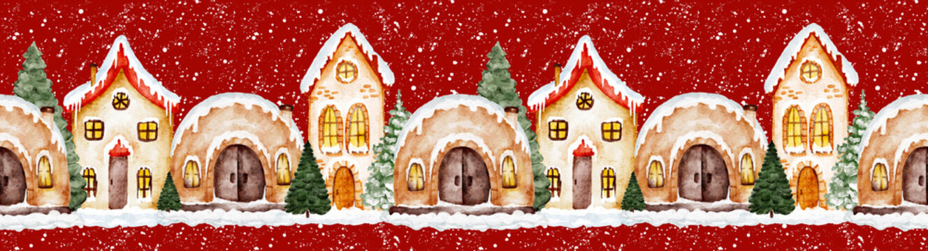Watercolor seamless border of snowy gingerbread houses on red background. Christmas festive ribbon design