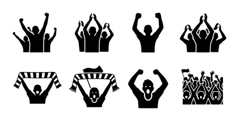 Cheering fans silhouette icons, sports crowd celebrating with scarves and raised hands, 8 vector audience elements for stadium and concert events © Mohsin