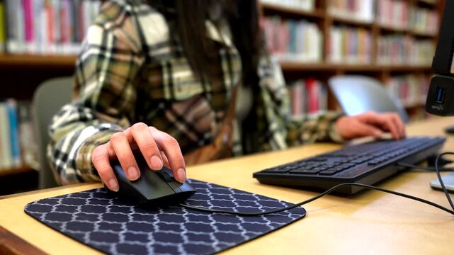 Student using computer mouse and keyboard in library