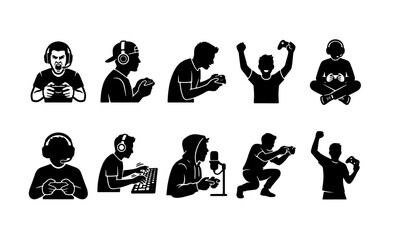 Gamer silhouette icon set, professional esports player avatars with headsets and controllers, 10 black vector gaming character symbols for streaming © Aminul