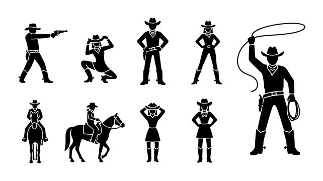 Wild West cowboy silhouettes set, black western outlaw and cowgirl vector icons, horse rider and gunslinger character collection for ranch branding