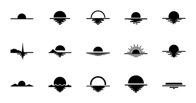 Minimalist sunset icons set, black sun and water reflection vector silhouettes, 15 sunrise symbols for travel and nature branding, simple horizon line art
