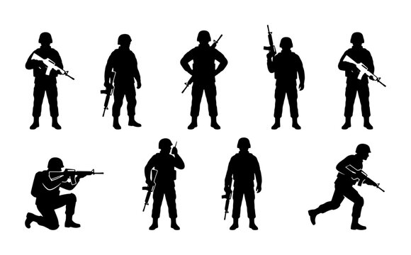 Military soldier silhouettes set, armed infantry troops in tactical poses, 9 black vector army figures with rifles and gear for war and defense design