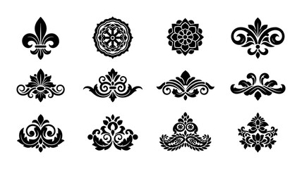 Vintage damask floral ornaments set, 12 black fleur de lis and baroque vector elements, elegant royal scroll motifs for luxury branding and wedding invitations © Aminul