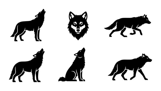 Black wolf silhouette icons set, howling wild wolf vector illustrations, predatory animal mascot head and standing timber wolf graphics for logos