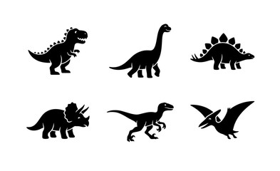 Dinosaur silhouette vector set, 6 prehistoric animal icons, black tyrannosaurus rex and triceratops shapes, jurassic wildlife collection for logos © Aminul
