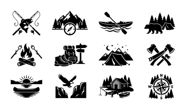 Vintage camping icons set, outdoor adventure black silhouettes, 12 nature exploration vector elements, wilderness hiking and fishing symbols