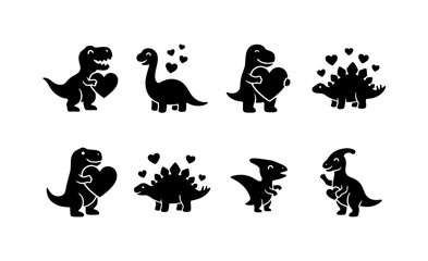 Cute dinosaur silhouettes with hearts set, 8 black vector icons of prehistoric animals, romantic dino characters for Valentine's Day and kids decor © Shorna