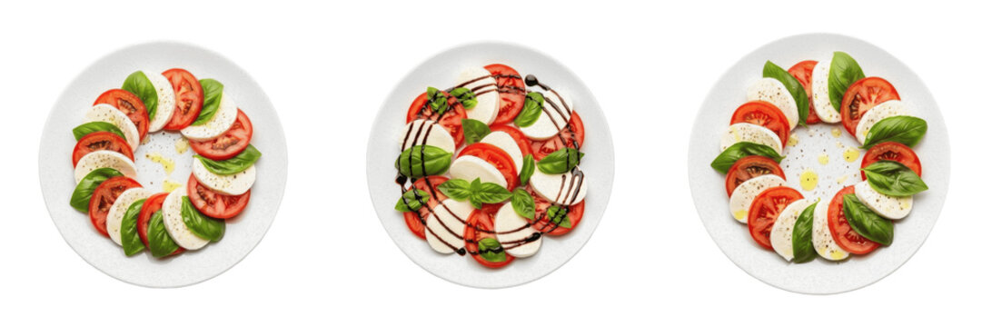 A fresh plate of caprese salad isolated on white background high resolution food photography for Italian cuisine and healthy diet and restaurant menu design and gourmet cooking concepts.