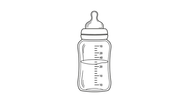 Baby bottle with liquid, line drawing illustration