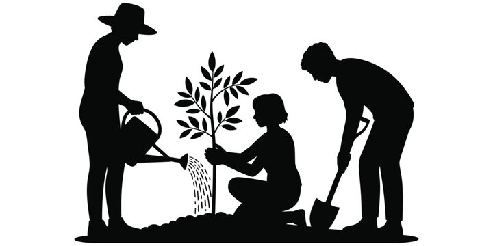 Tree planting silhouettes, teamwork with watering can, shovel, young sapling care, environmental conservation artwork concept flat vector illustration