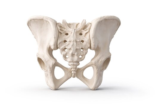 Detailed human pelvis skeleton illustration showing sacrum, ilium, ischaemic, and pubis bones from a front view for medical and anatomical reference