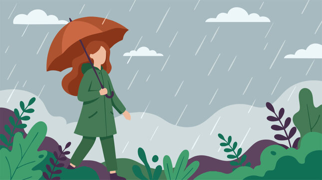 Woman in raincoat walking with umbrella in the rain, vector illustration
