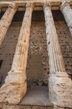Ancient marble columns of the Temple of Antoninus and Faustina in Roman Forum Rome Italy