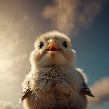 Cute small chick looking up, worm&rsquo;s eye view, bright sky background, playful concept, minimal composition