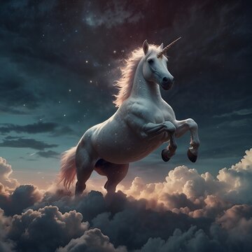 Dreamy unicorn floating in soft clouds, dream sequence shot, glowing light, minimal fantasy composition, space for text