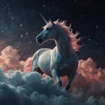 Dreamy unicorn floating in soft clouds, dream sequence shot, glowing light, minimal fantasy composition, space for text