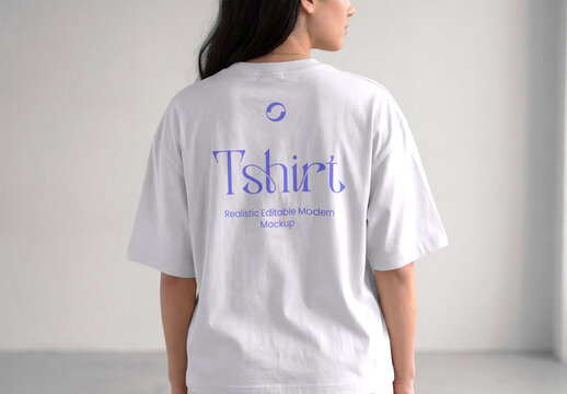 Realistic White Oversized T-shirt Mockup Back View on Woman