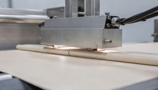 Detailed view of a beta radiation sensor measuring dry coat weight on a conveyor belt highlighting precise control during manufacturing processes.