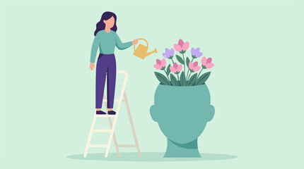 Nurturing mental health and growth: Woman waters flowers in human head © Pixelply