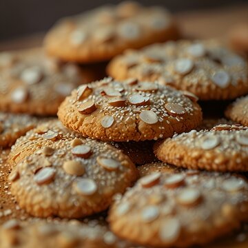 Close-up almond cookie texture with sesame topping, extreme close-up shot, soft bokeh background, warm lighting