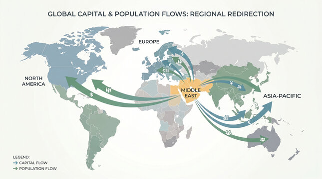 World Map Infographic Showing Global Capital and Population Flows from Middle East to North America, Europe and Asia-Pacific