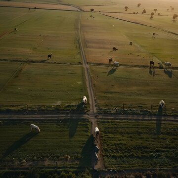 Aerial view of farm animals grazing, wide landscape, minimal composition, natural lighting, copy space