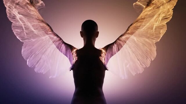 Mental freedom and unlocking human potential depicted by a silhouette with glowing ethereal wings unfurling against a gradient background